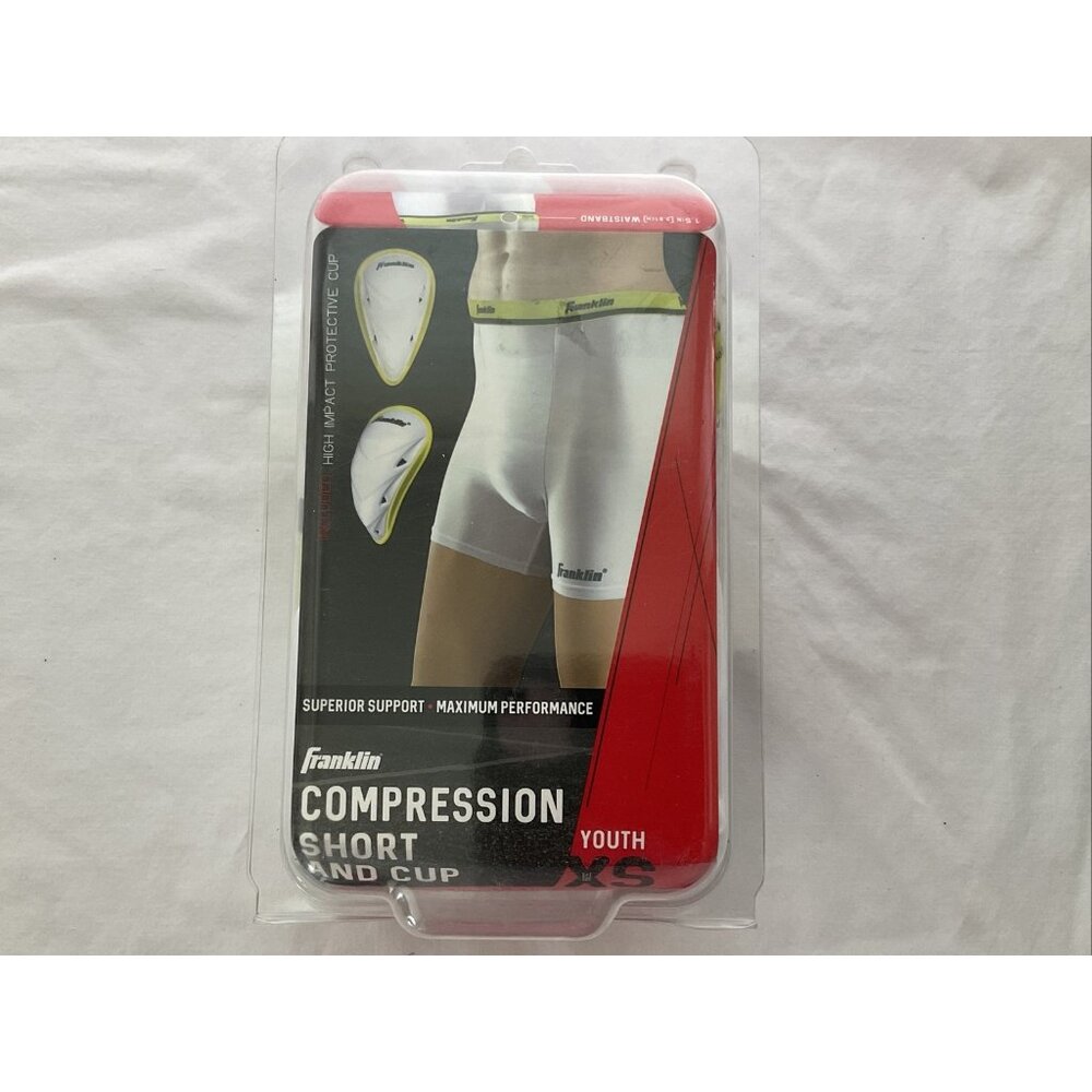 Franklin Sports Youth Compression Short with Cup, White/Neon XS  19”-21" Waist